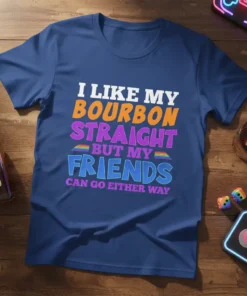 I Like My Bourbon Straight But My Friends Can Go Either Way quote on a navy blue t-shirt with colorful