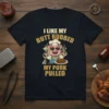 I Like My Butt Rubbed & My Pork Pulled funny pig chef t-shirt design with golden typography and cartoon pig