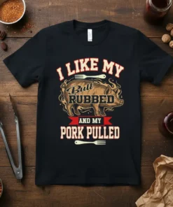 I LIKE MY Butt RUBBED AND MY PORK PULLED text and pig graphic on a black t-shirt design