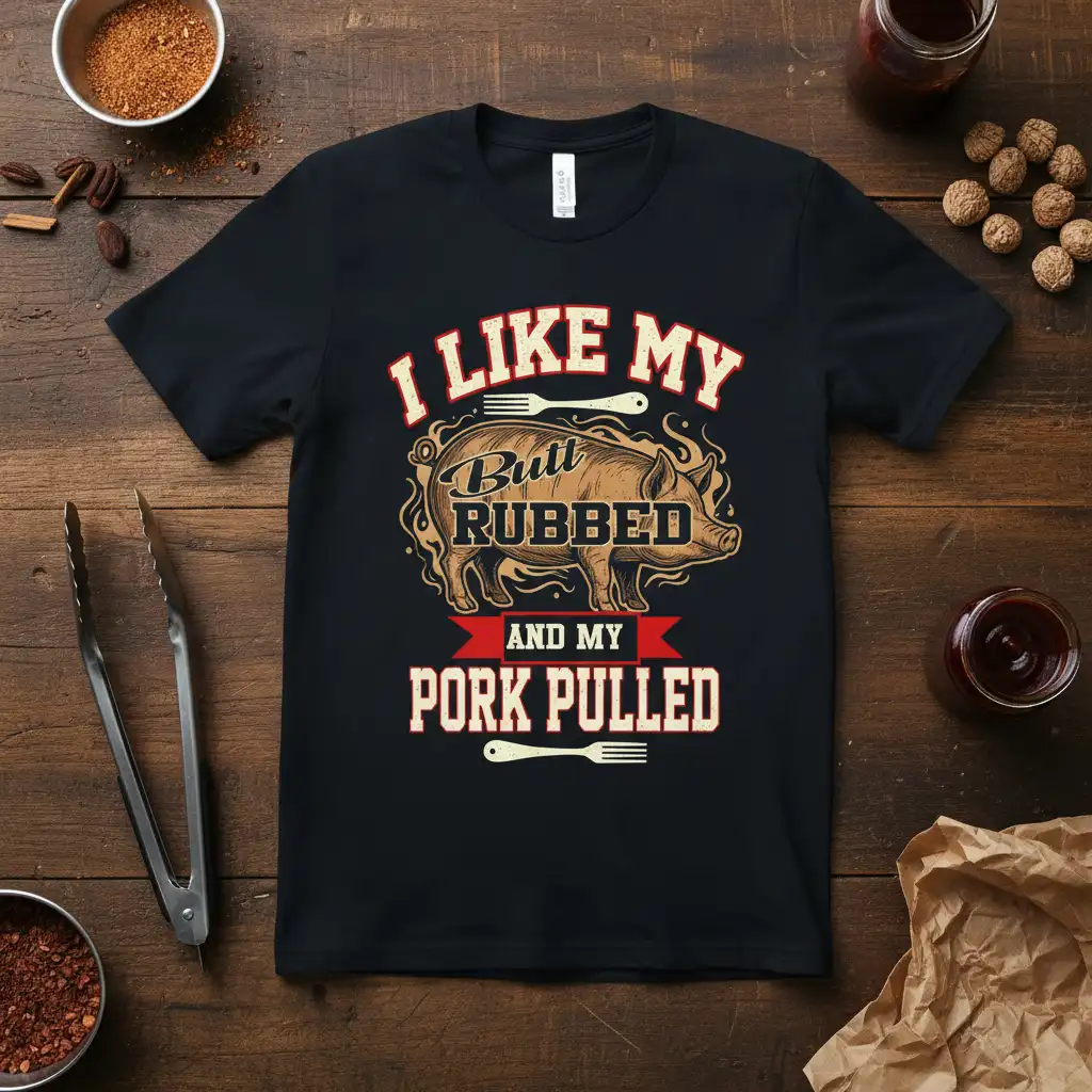 BBQ quote I LIKE MY Butt RUBBED AND MY PORK PULLED with a smoking pig graphic on a black t-shirt