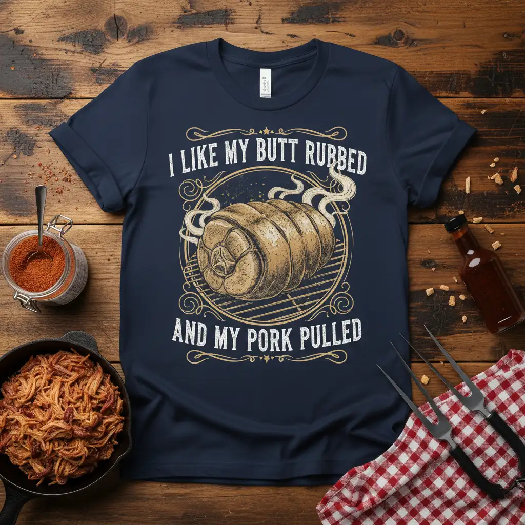I Like My Butt Rubbed And My Pork Pulled quote on a navy t-shirt with roast on grill graphic