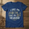 I LIKE my Coffee Hot LIKE my HUSBAND text with coffee cup graphic on a navy blue t-shirt, ideal for