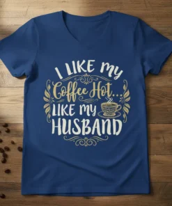 I LIKE my Coffee Hot LIKE my HUSBAND text with coffee cup graphic on a navy blue t-shirt, ideal for