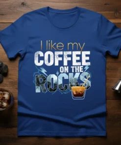 I Like My Coffee On The Rocks t-shirt design with bold typography and an illustration of iced coffee with ice