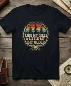 I Like My Girls A Little Bit Older retro t-shirt with sunset and forest graphic