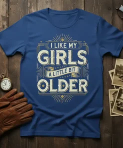 T-shirt with text "I Like My Girls A Little Bit Older" in distressed vintage font, navy blue shirt