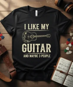 I Like My Guitar And Maybe 3 People quote with acoustic guitar graphic on a black t-shirt