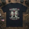 T-shirt design featuring Ronald Reagan and Donald Trump with text "I Like My Presidents, Like I Like My Guns 40