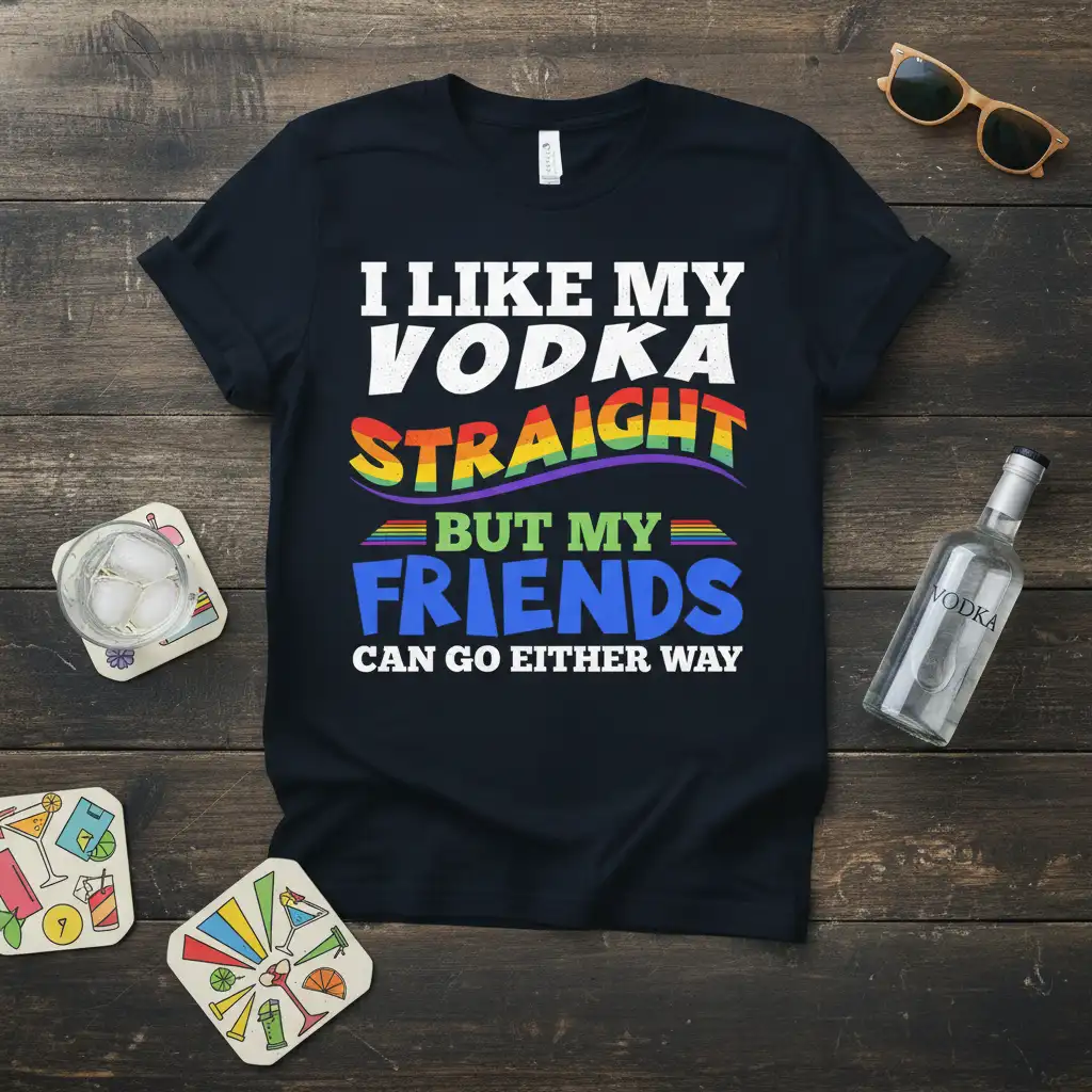 I Like My Vodka Straight But My Friends Can Go Either Way quote with rainbow pride design on black t-shirt