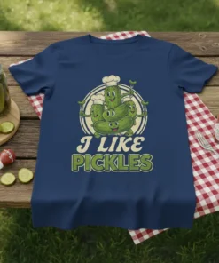 I Like Pickles T-Shirt featuring a cartoon chef pickle pile graphic and the text "I Like Pickles"