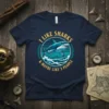 I Like Sharks & Maybe Like 3 People text with a Great White Shark graphic on a navy blue t-shirt