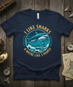 I Like Sharks & Maybe Like 3 People text with a Great White Shark graphic on a navy blue t-shirt