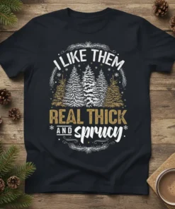 I Like Them Real Thick And Sprucy text with Christmas tree graphic on a black t-shirt