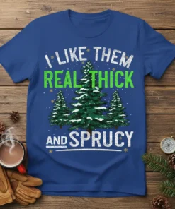 I Like Them Real Thick And Sprucy funny Christmas t-shirt with snow-covered pine trees and holiday text
