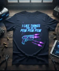 I Like Things That Go Pew Pew Pew T-Shirt with neon gun graphic and tech design