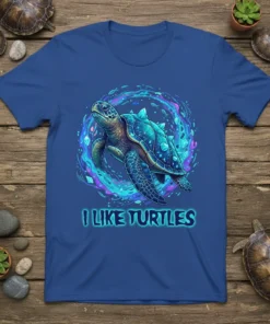 I Like Turtles t-shirt design with a detailed sea turtle swimming in a colorful, swirling ocean current graphic
