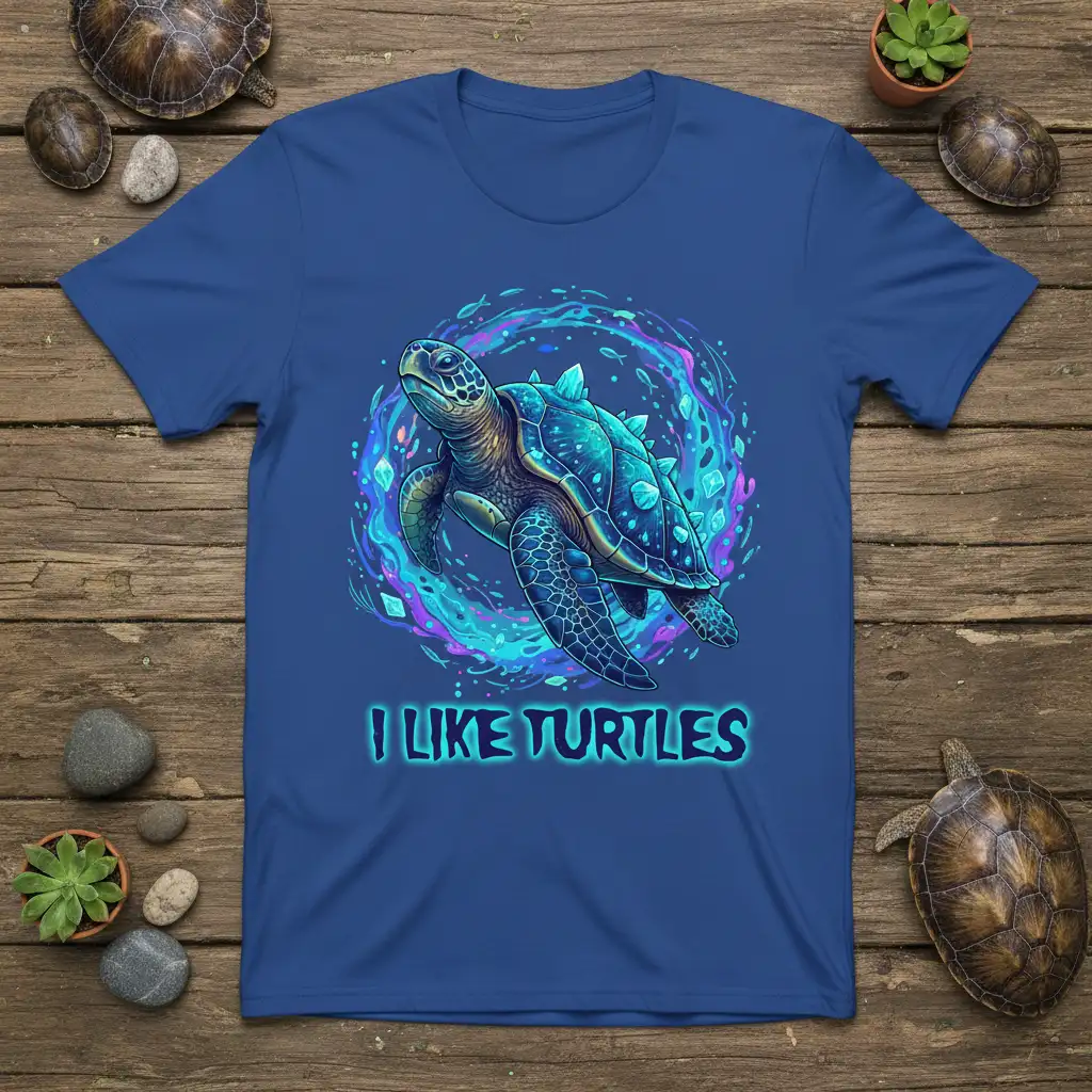 I Like Turtles t-shirt design featuring a vibrant sea turtle illustration in a dynamic ocean current