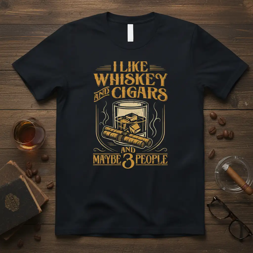I Like Whiskey and Cigars And Maybe 3 People quote with whiskey and cigar illustration on apparel