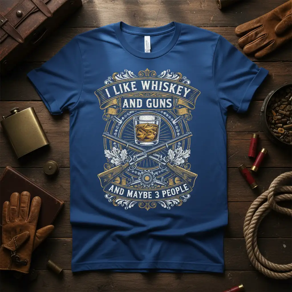 I Like Whiskey And Guns And Maybe 3 People quote on a blue t-shirt with crossed shotguns and whiskey glass graphic
