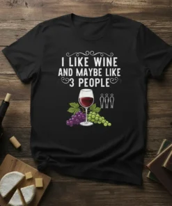 I Like Wine And Maybe Like 3 People quote with wine glass and grapes graphic on black t-shirt