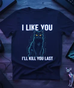 Black cat sitting with glowing yellow eyes, text "I Like You I'll Kill You Last" above and below, on a