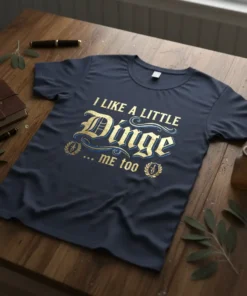 Navy t-shirt with gold and blue text that reads "I LIKE A LITTLE DINGE ... ME TOO" in a decorative