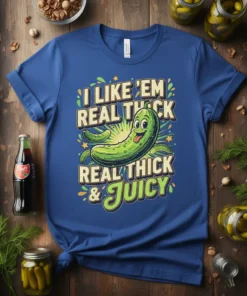 I Like 'Em Real Thick Real Thick & Juicy pickle quote t-shirt design with a smiling cartoon pickle graphic