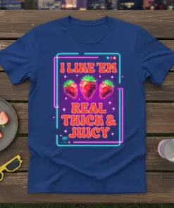 I Like 'Em Real Thick & Juicy T-Shirt with neon strawberries graphic