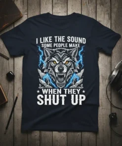 I Like The Sound Some People Make When They Shut Up t-shirt with a fierce wolf graphic and lightning accents