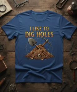 I Like To Dig Holes quote t-shirt with shovel, pickaxe, skull, and gold coins graphic