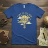 I Like to Get High text above a vintage hot air balloon with clouds on a royal blue t-shirt