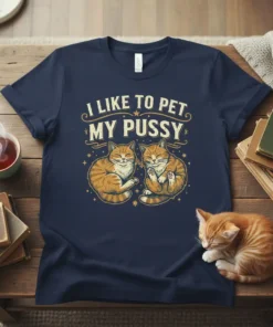 I Like To Pet My Pussy text with two cute orange tabby cats illustration on a navy blue t-shirt
