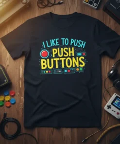 I Like To Push Push Buttons text design with retro gaming circuit board graphics and red button on black t-shirt