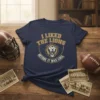Navy blue t-shirt with "I Liked The Lions Before It Was Cool" text and a roaring lion graphic