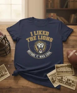 Navy blue t-shirt with "I Liked The Lions Before It Was Cool" text and a roaring lion graphic