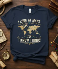 I Look At Maps And I Know Things quote on a navy blue t-shirt with a vintage world map graphic