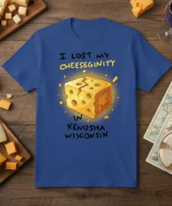 I Lost My Cheeseginity in Kenosha Wisconsin text with a cracked cheese block graphic on a blue t-shirt