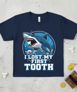 I Lost My First Tooth text on a navy t-shirt with a cartoon shark illustration, perfect for kids celebrating a