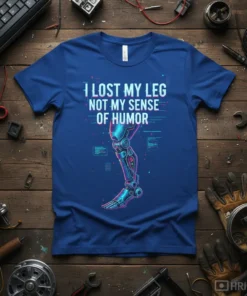 I Lost My Leg Not My Sense Of Humor quote with robotic prosthetic leg graphic on a blue t-shirt
