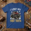 I Lost My My First Tooth t-shirt design featuring a red monster truck, teeth graphics, and dirt splatter