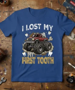 I Lost My My First Tooth t-shirt design featuring a red monster truck, teeth graphics, and dirt splatter