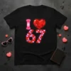 I Love 67 T-Shirt with a pink 'I', red faceted heart, and the number 67 made of pink and red