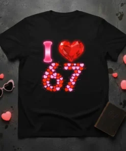 I Love 67 T-Shirt with a pink 'I', red faceted heart, and the number 67 made of pink and red