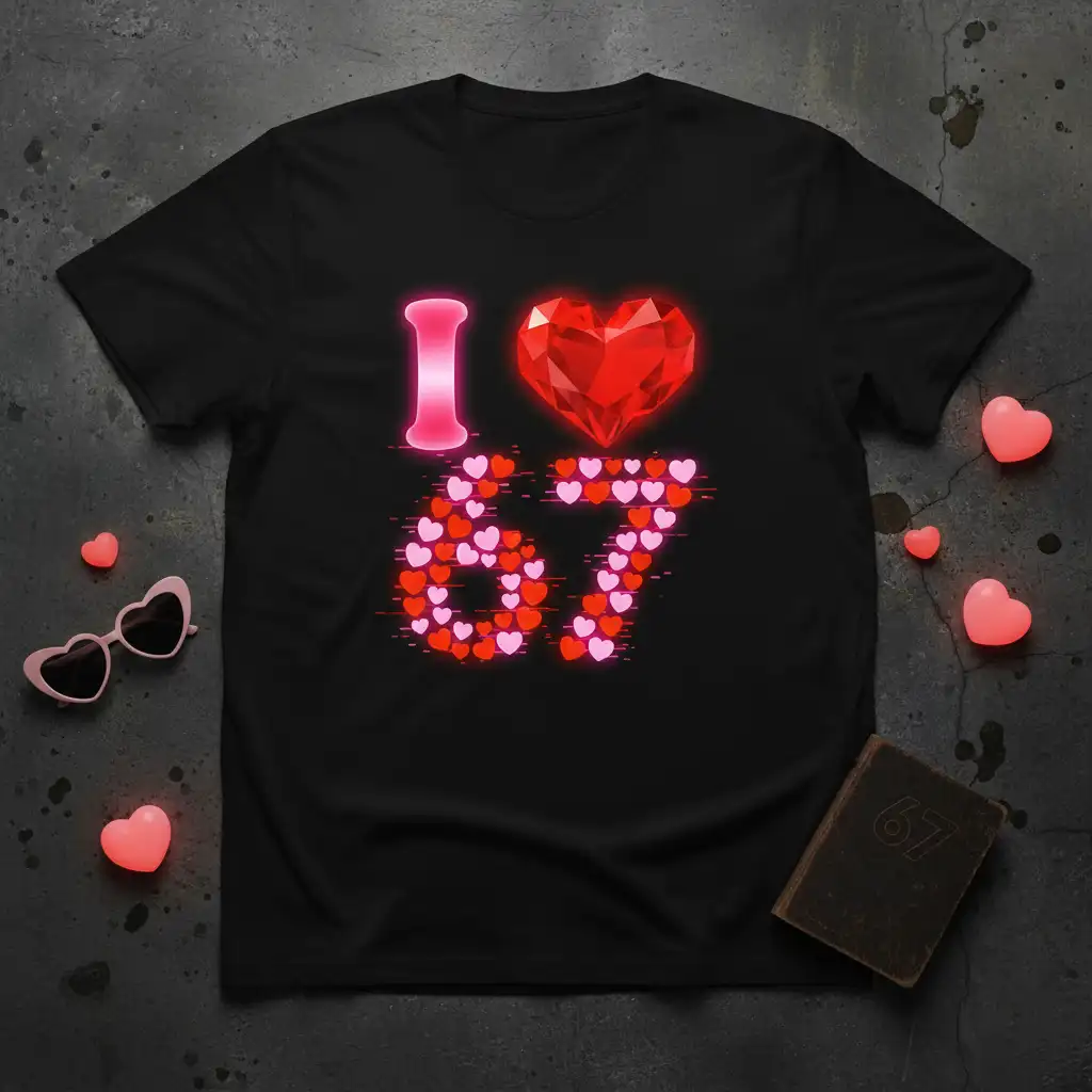I Love 67 graphic t-shirt with glowing pink 'I' and heart-shaped number 67