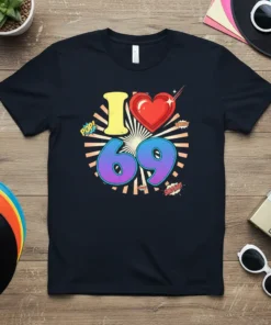 I Love 69 graphic t-shirt with retro pop art style, featuring bold numbers and comic book sound effects like POP