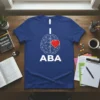 Blue t-shirt with white text "I Love ABA" and a geometric brain graphic with a red heart on the right
