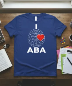 Blue t-shirt with white text "I Love ABA" and a geometric brain graphic with a red heart on the right