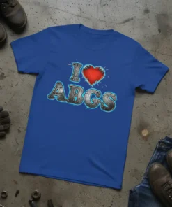 I Love ABGS t-shirt with a red heart graphic and metallic text, designed for respiratory therapists and medical professionals