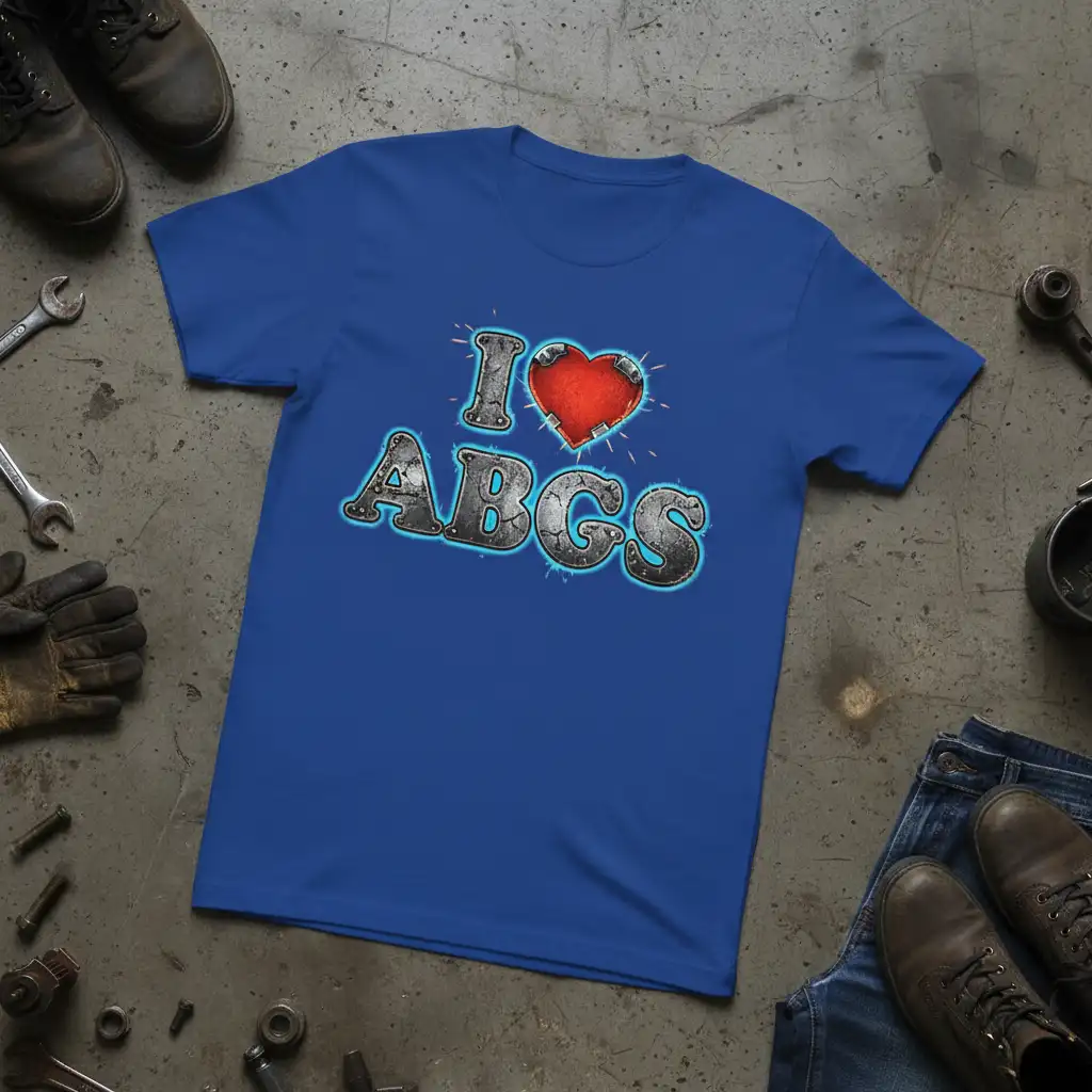 I Love ABGS statement t-shirt with stylized metallic lettering and a red heart graphic, ideal for respiratory therapists