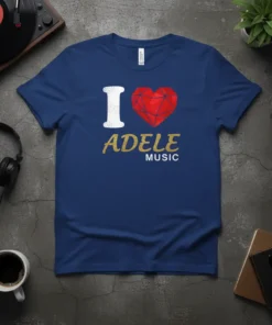 I Love Adele Music t-shirt with white "I", red geometric heart, and gold glitter text "ADELE MUSIC"